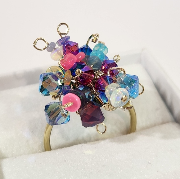 ◇ Genuine Artisan 14KGF With Ethiopian Opals & Swarovski Crystals Cluster Ring - Picture 2 of 15